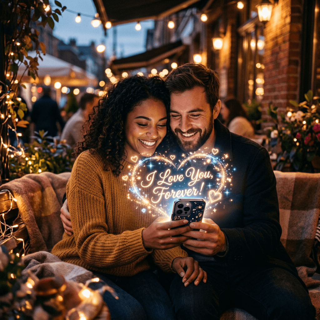 Couple smiling and looking at phone with glowing text saying I Love You Forever